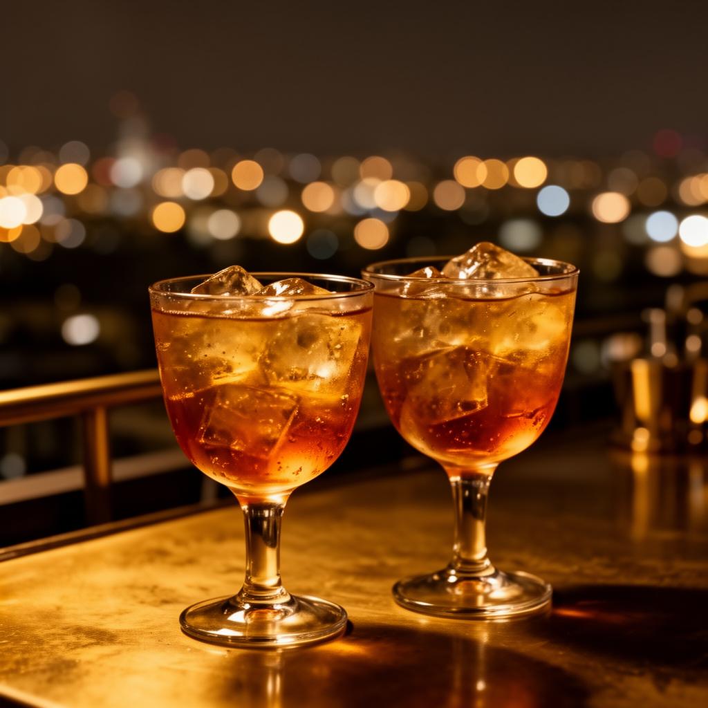 Two amber cocktails on a rooftop bar at night